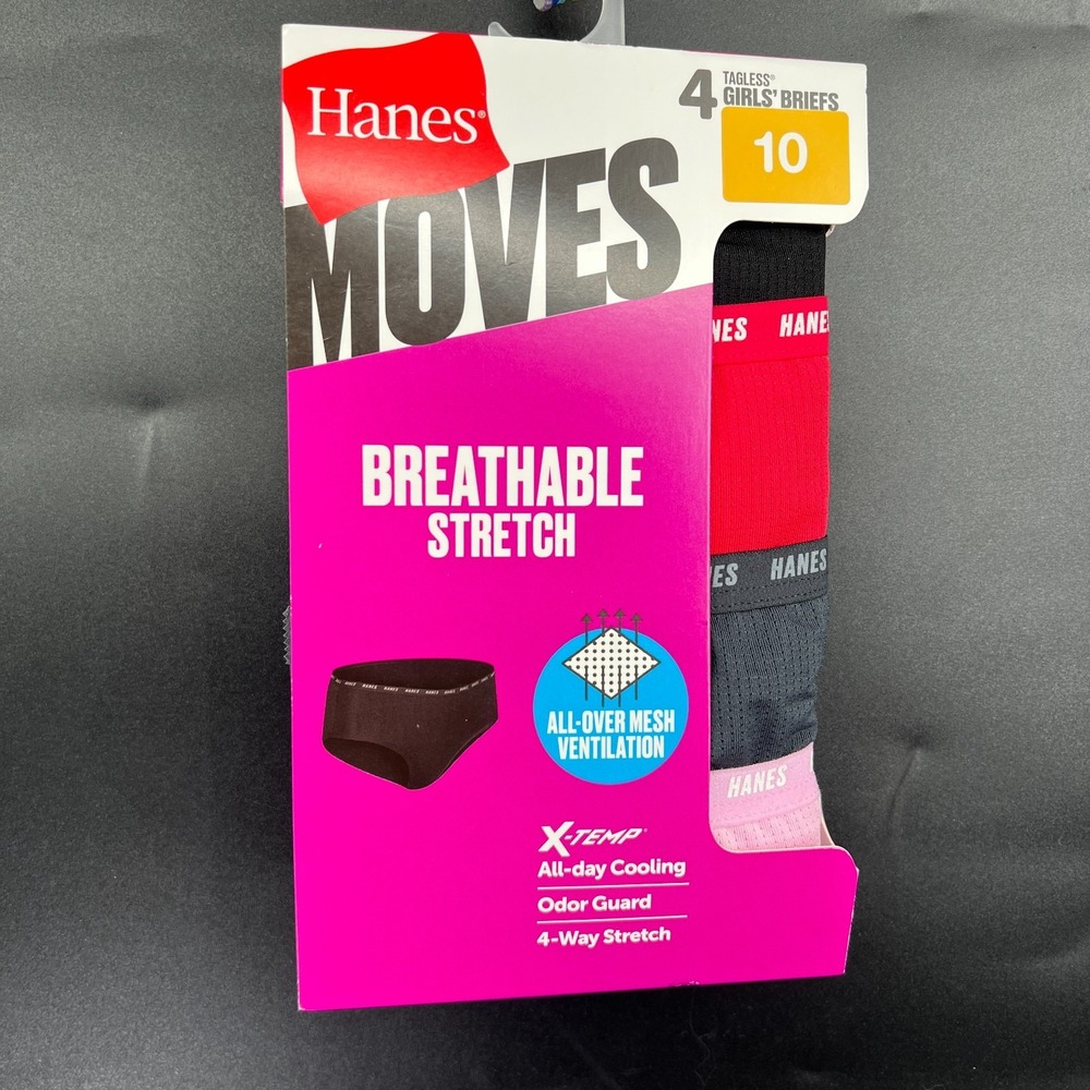 NEW 4 pack Hanes moves breathable stretch x-temp tagless girls briefs‎ active 10